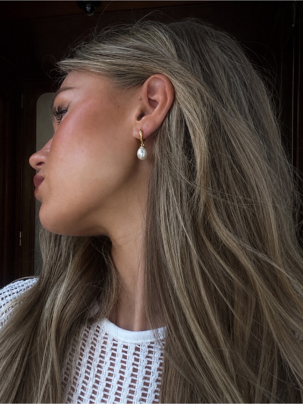 18K Gold Plated S925 Sterling Silver Mini Hammered Pearl Drop Hoop Earrings